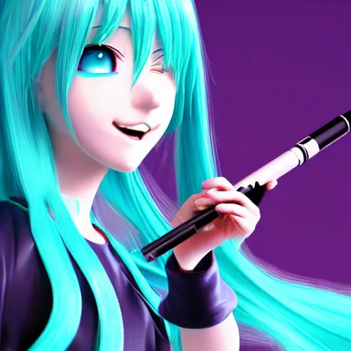 Image similar to hatsune miku high on weed with bloodshot baggy eyes smoking with a vape pen, 3 d render, 4 k