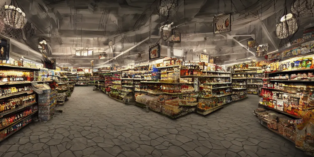 Prompt: deep 3 point perspective, seafood supermarket Inside the three-story gothic museum, dramatic lighting, photorealistic, wolumetric lighting, high detail, cinematic feel, wideshot, high octane, 4K, Unreal Engine, digital render, intricate, ultra realistic