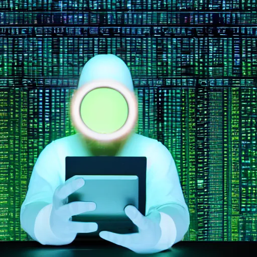 Prompt: nerdy man hacking into gigantic computer, stock footage, rim lighting, global illumination, 4 k, goofy, screen is green