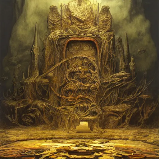 Prompt: the throne of reason | highly detailed matte painting, hyperrealistic, very intrincate | cinematic lighting, award - winning | by rachel ruysch, giger, beksinski and bocklin | by austin osman spare and william blake, trending on artstation, cgsociety, official art, octane.