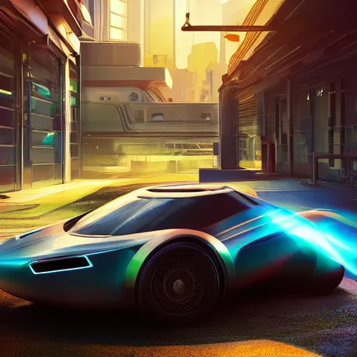 Image similar to futuristic car parked in front of a glowing sci-fi container in a pleasant urban setting, peaceful, majestic, a sense of hope, in style of apex legends, art station, ultra hd, soft light, overhead sun, ultra hd, art station