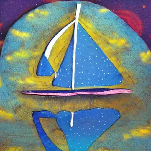 Prompt: a sailboat flying in the sky by night, mixed media, whimsical,