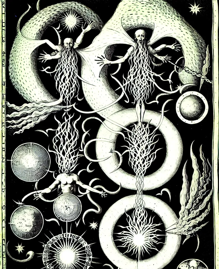 Image similar to alchemical fiery creature sings a unique canto about'as above so below'being ignited by the spirit of haeckel and robert fludd, breakthrough is iminent, glory be to the magic within