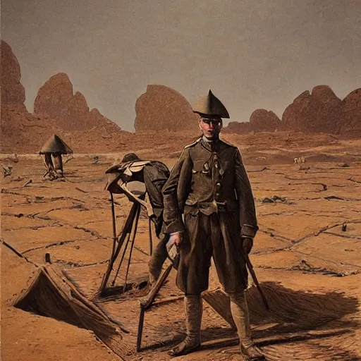 Image similar to ultra detailed photorealistic sepia - toned painting from 1 9 1 7, a british officer in field fear standing at an archaeological dig site in wadi rum, ultra realistic, painted, intricate details, lovecraft, atmospheric, dark, horror, brooding, highly detailed, by angus mcbride