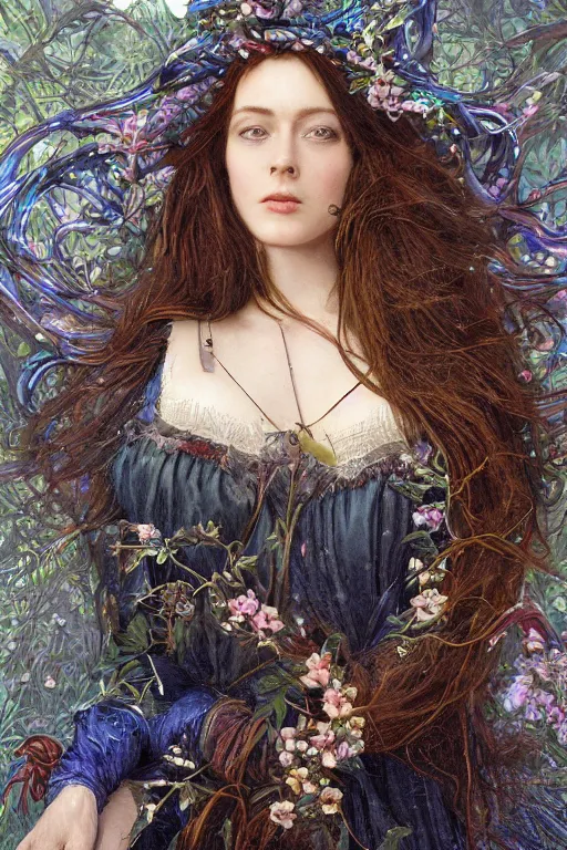 Image similar to An extremely beautiful pre-raphaelite ornate portrait of a very beautiful witch, ultradetailed, intricate, elegant, digital art painting, concept art, smooth, sharp focus, magazine art cover illustration, regal, award winning picture, extremely detailed masterpiece, sense of awe, featured on Artstation, Artgerm, ethereal bubbles, Aetherpunk, atmospheric lightning, Exquisite floral details, 8K detail post-processing