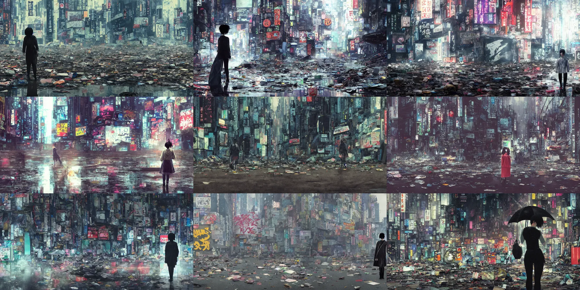 Prompt: incredible wide screenshot, ultrawide, paper texture, katsuhiro otomo ghost in the shell movie scene, backlit distant shot girl in a park, dark wet road, black parasol in deserted trash pile night shinjuku junk town, broken vending machines, smashed wall, bold graffiti, black road, reflection puddles, volumetric light, thick fog, dark vignette