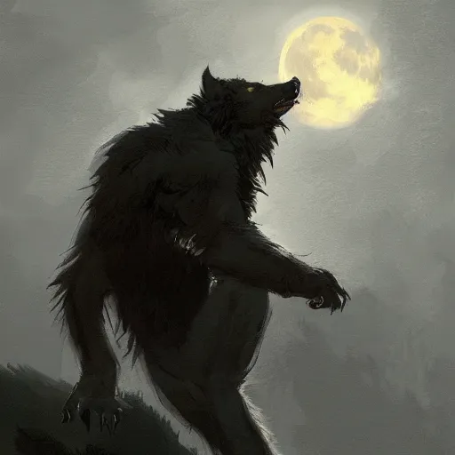 Prompt: An image of werewolf at night with full moon in style of Jakub Różalski, digital art, artstation