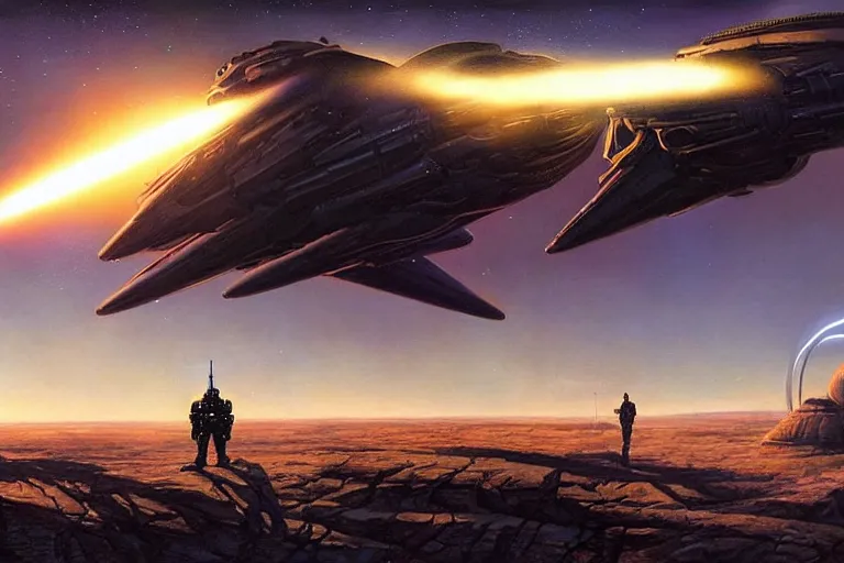 Image similar to Epic science fiction landscape. In the foreground is futuristic anti-air artillery firing into the sky, in the background an alien spaceship is escaping. An officer stands next to the artillery pointing upwards. Stunning lighting, sharp focus, extremely detailed intricate painting inspired by Mark Brooks and by Moebius