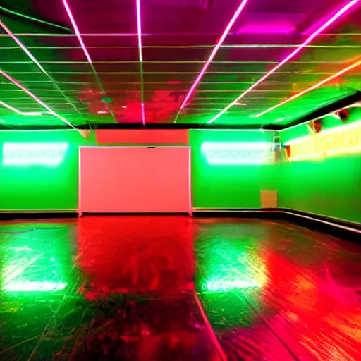 Image similar to A neon dance club, glowing fluorescent with shiny floors and reflective walls.