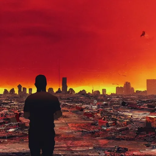 Prompt: a person watching the end of the world with a red sky, dystopian city, debris, dramatic painting