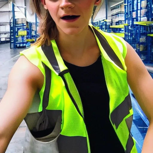 Image similar to photo, close up, emma watson in a hi vis vest, in warehouse, android cameraphone, snapchat story, 2 6 mm,