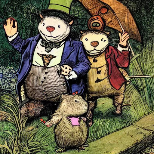 Image similar to colored illustration for the book wind in the willows, with toad welcominging his friends mole, water rat, and badger to toad hall, in style of sir john tenniel