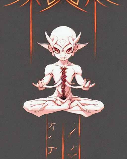 Prompt: a tiny adorable demon meditating, wrapped in sacred parchment with glowing text, smooth, intricate, elegant, digital painting, artstation, power runes, pulsing energy, concept art, sharp focus, octane render, illustration, art by takato yamamoto, overwatch character,