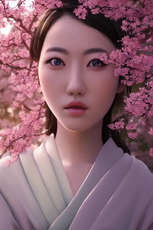 Image similar to photorealistic matte painting of a beautiful japanese girl, wearing kimono, sakura trees in background, smooth, porcelain skin, gorgeous eyes, artstation, 4 k, 8 k