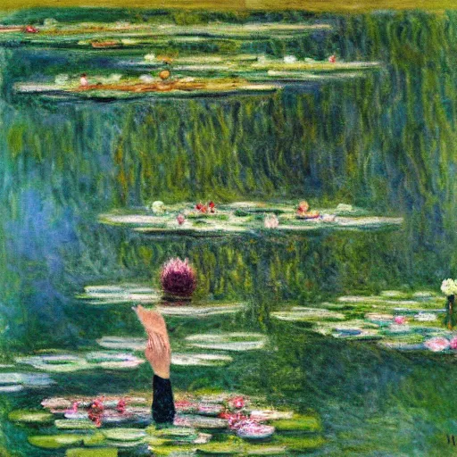 Image similar to a diver diving into a lake with lilypads by claude monet