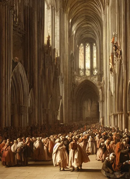 Image similar to elisabeth louise vigee - le brun painting of large crowd of medieval monks in giant in a gothic cathedral interior raising new magical glowing spirit, old master painting with stunning lighting and details photoreal dusk sun lit light,