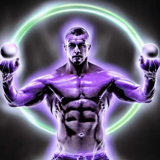 Image similar to a muscular man made of purple energy, wielding two orbs in his hands that are able to manipulate the force of electromagnetism in order to cause chemical changes inside of the orbs.