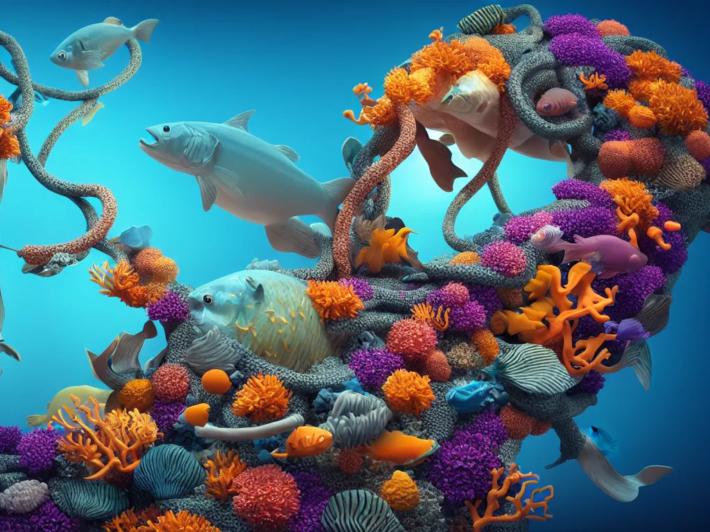 Image similar to a sculpture of fish ocean intertwined, diode lighting, a lovely cornucopia of flowers and human body parts, body parts, highly detailed, octane render, cinematic, sharp focus, clean, studio lighting, sunset, great barrier reef