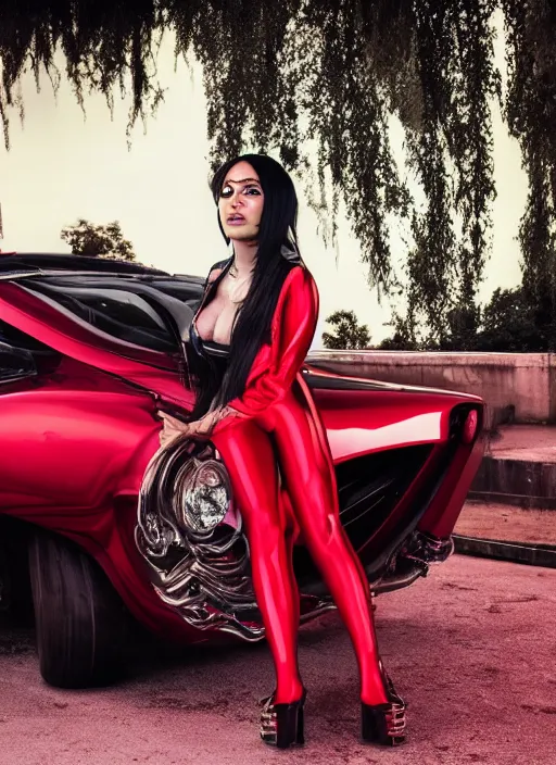 Prompt: Woman with a complex (red, shiny) Raypunk outfit standing on top of a Raypunk car, full body shot, hyperrealism, 4K HD