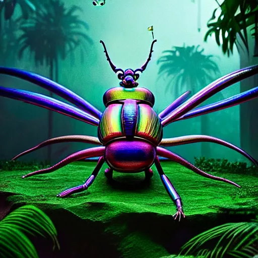 Image similar to giant iridescent bug creature is lush jungle, raning, foggy, moody, :: by Jeff Koons, Dan McPharlin Daniel Merrian :: ornate, dynamic, particulate, rich colors, intricate, elegant, highly detailed, centered, artstation, smooth, sharp focus, octane render, 3d