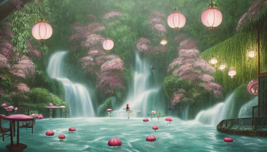 Image similar to James Jean painting of a 35mm film still of a very surreal magical European castle cafe in a lush waterfall garden, falling cherry blossoms pedals, in the style of Gucci and Wes Anderson glowing lights and floating lanterns, foggy atmosphere, rainy, moody, muted colors, magic details, very detailed, 8k, cinematic look