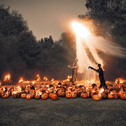 Prompt: Pumpkins with flamethrowers fighting Scarecrows, photography by Moises Saman