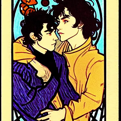 Image similar to tarot card of young cute handsome beautiful dark medium wavy hair man in his 2 0 s named shadow taehyung and cute handsome beautiful min - jun together at the halloween party, bubbling cauldron, candles, smoke, autumn colors, elegant, stylized, soft facial features, delicate facial features, art by alphonse mucha, vincent van gogh, egon schiele