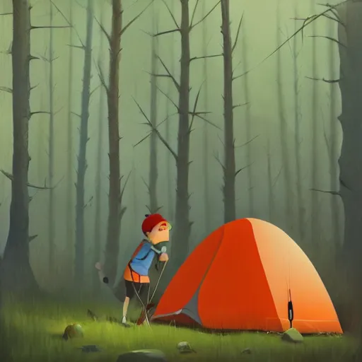 Image similar to goro fujita ilustration hiker setting up a tent in the forest, painting by goro fujita, sharp focus, highly detailed, artstation