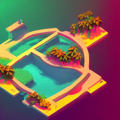 Image similar to isometric half sphere island on neon background, isometric invironment, 3d art, isometric art, high detail, artstation, concept art, behance, ray tracing, smooth, sharp focus, ethereal lighting