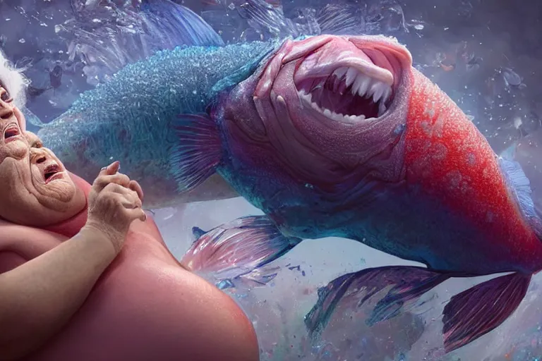 Image similar to of a very beautiful scene. ambient occlusion render. a sweet fat old woman is giving a birth to a huge colorful fish. hyper realistic. 4 k. wide angle. wild happiness. symmetrical face, red mouth, blue eyes. deep focus, lovely scene. ambient occlusion render. concept art. artstation. unreal engine.