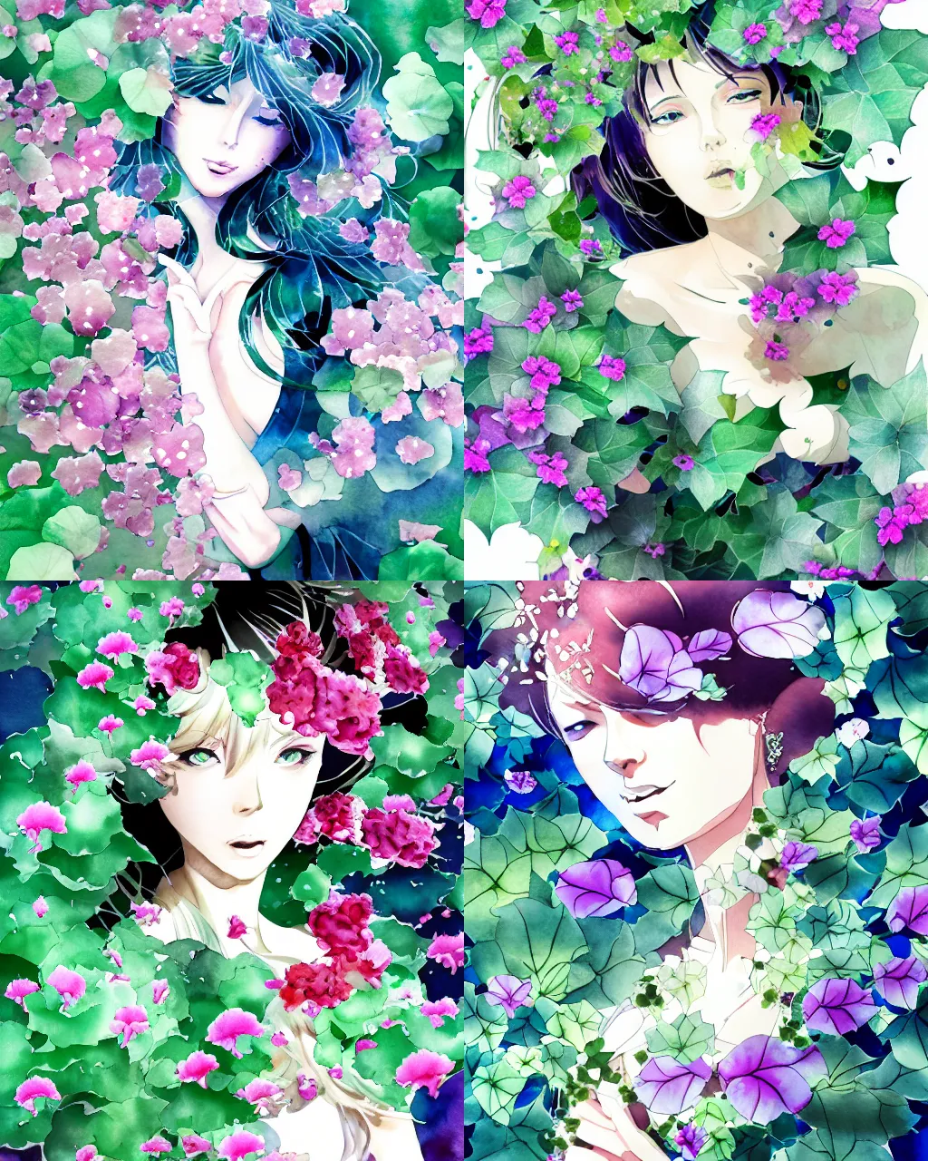 Prompt: Ivy florid beauty in a whirlwind of petals, argerm and wlop and leiji matsumoto, watercolor double exposure