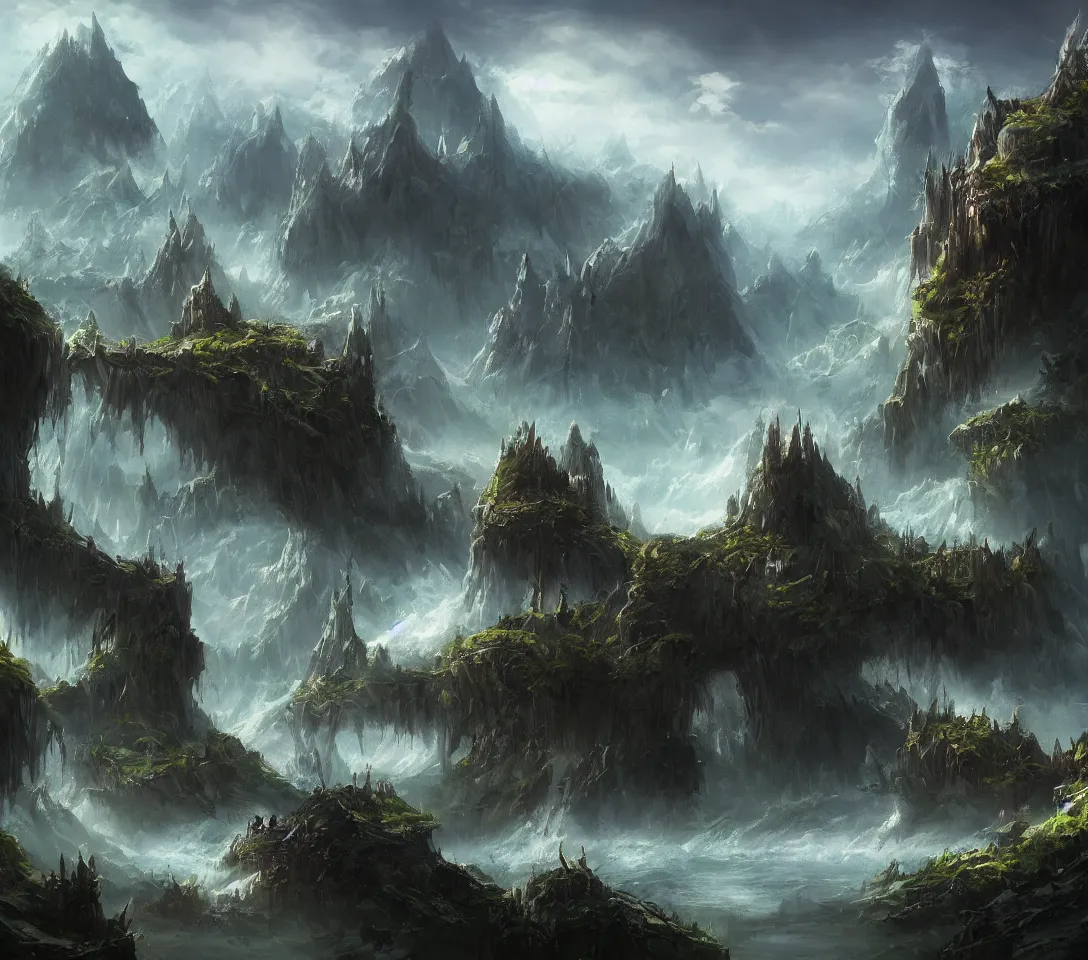 Prompt: Fantasy landscape by Joseph Feely. Epic landscape Environmental concept