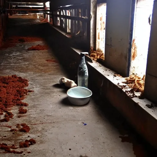 Image similar to dirty bottle of milk and a cow inside rusted slaughterhouse