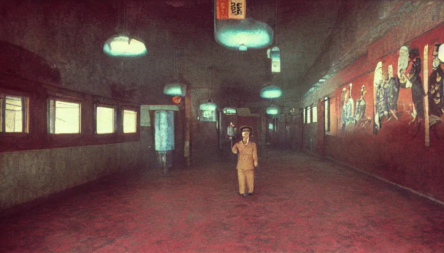 Prompt: pov a man walking in empty north-korean restaurant palace with propaganda fresco, eastmancolor, heavy grain, high quality, higly detailed