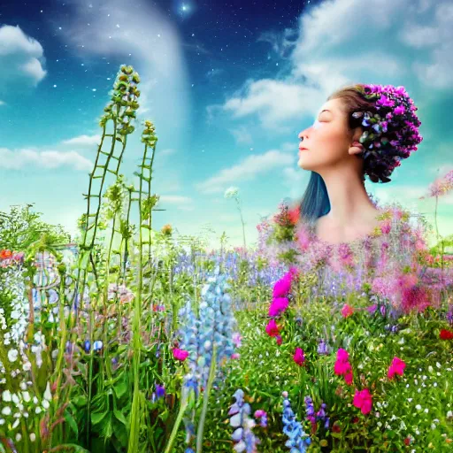 Prompt: a photo art of a romantic woman with flowers grow out of hair, roses peonies forget-me-nots dahlias lupins gladioli, sky theme in background, 35mm Photograph, 4K Resolution, Astrophotography, Digital Art, Trending on artstation