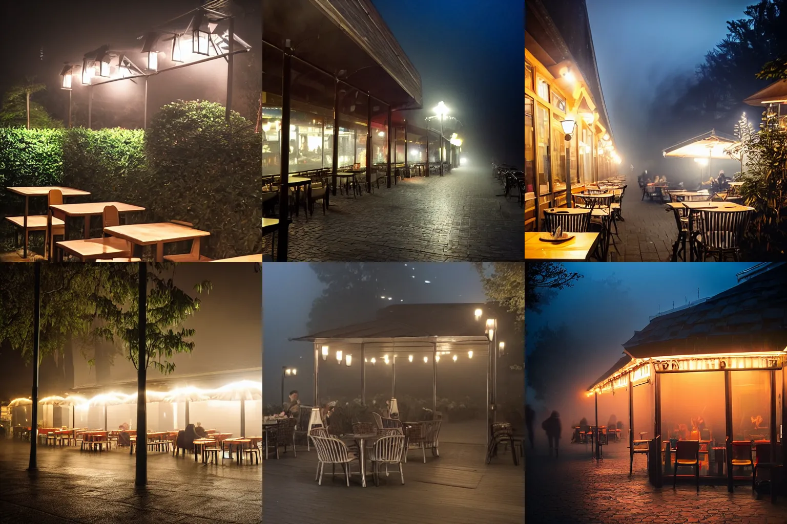 Prompt: An outdoor cafe on a foggy night