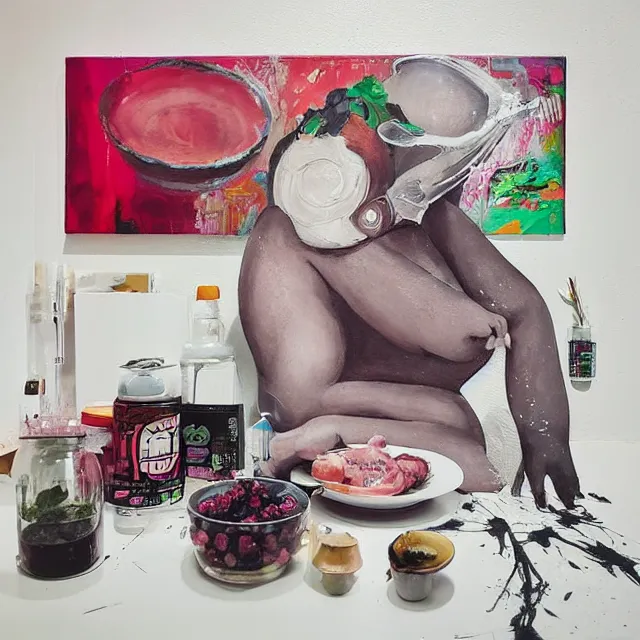 Image similar to “ a portrait in a female art student ’ s apartment, sensual, a pig theme, pork cuts, art supplies, edo, surgical iv bag, octopus, ikebana, herbs, a candle dripping white wax, squashed berries, berry juice drips, acrylic and spray paint and oilstick on canvas, surrealism, neoexpressionism ”