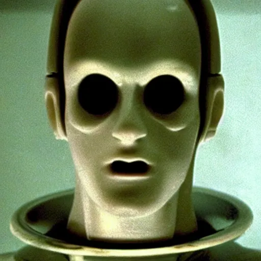 Image similar to Possession (1981) movie by Andrzej Żuławski, movie still, robot head and man head, dop