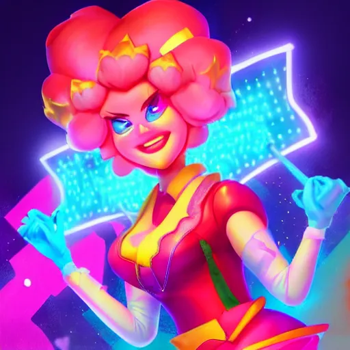 Image similar to Princess peach mixed with jinx from league of legends, background with neon lighting, trending on artstation, by Joe Benitez, WLOP, Alessandro Barbucci, Barbara Canepa