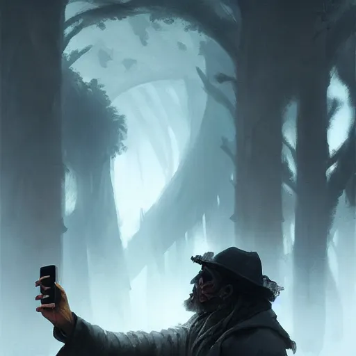 Image similar to a dead man taking a selfie, bright art masterpiece artstation. 8 k, sharp high quality artwork in style of greg rutkowski, concept art by tooth wu, blizzard warcraft artwork