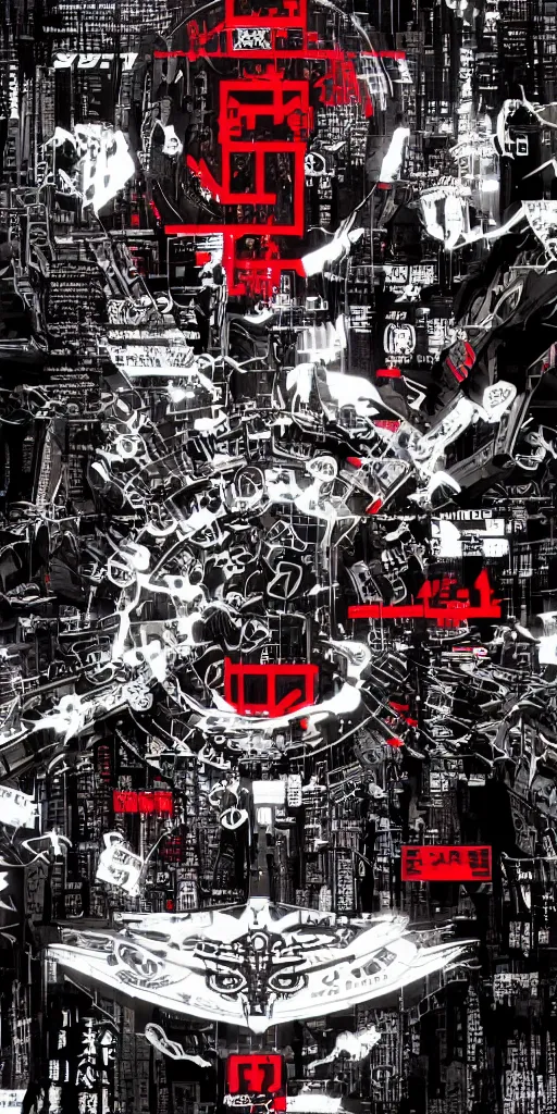 Image similar to a photo of a banner with symbols, cyberpunk logos of megacorporations by tsutomu nihei, futuristic font glyphs, black white red, sci fi font, graphic design, 8 k, innate studio