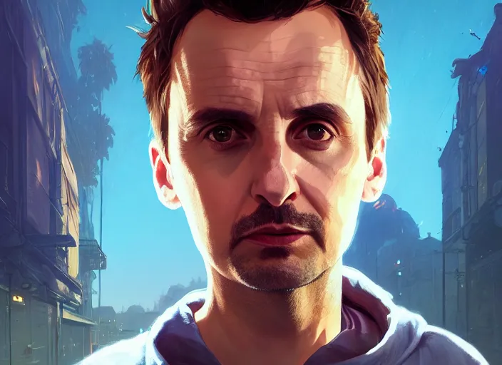 Image similar to highly detailed portrait of matthew bellamy, in gta v, stephen bliss, unreal engine, fantasy art by greg rutkowski, loish, rhads, ferdinand knab, makoto shinkai and lois van baarle, ilya kuvshinov, rossdraws, tom bagshaw, global illumination, radiant light, detailed and intricate environment