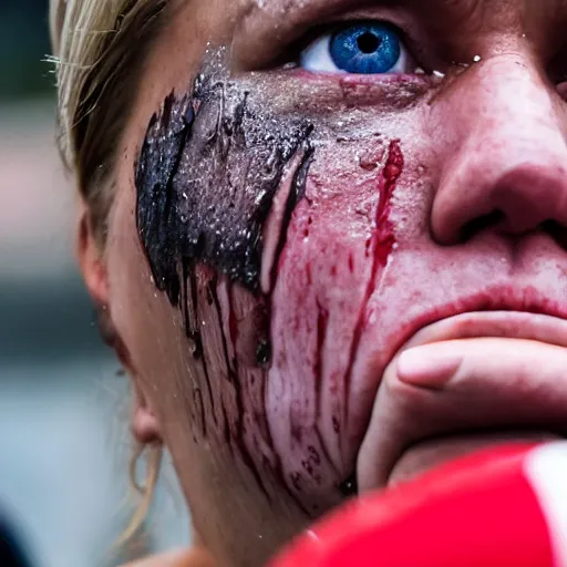 Image similar to close - up photo of a trump supporter crying, soaked in tears, mascara running down, bloodshot eyes, street photography, canon 2 0 0 mm lens f 2. 8