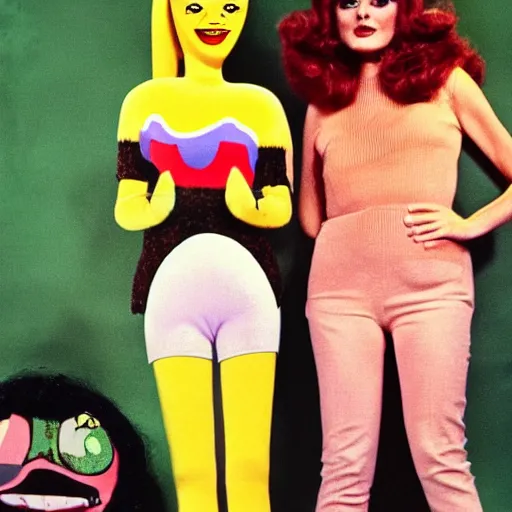 Prompt: 1976 film still glamorous woman photo and her friend, an anthropomorphic stomach, traveling in France, live action children's tv show, 16mm film live soft color, earth tones and some primary colors 1976, wacky, in style of john waters doris wishman russ meyer, woman looks like sharon tate