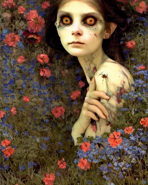 Prompt: a pretty but sinister and creepy goblin in layers of fear, with haunted eyes, violence in her eyes, 1 9 7 0 s, seventies, delicate embellishments, a little blood, woodland, blue dawn light shining on wildflowers, painterly, offset printing technique, by alexandre cabanel, walter popp