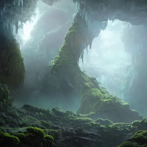 Image similar to photo an overgrown deep underground cave on another world embellished with a lush overgrown jungle of beautiful ancient alien trees, alien elvish cave village, scattered complex ancient monoliths emitting cosmic astral energy, nebula fog and cosmic mist, 4 k rtx hdr volume light concept studio matte painting environment octane, ue 5, photorealistic render trending on artstation by eytan zana