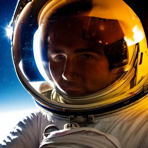 Image similar to a close up photo of an astronaut floating in space. you can see the reflection of the photographer in his helmet.