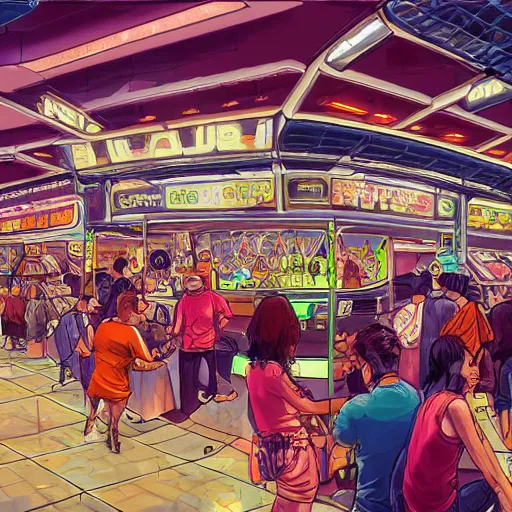 Image similar to food court at a crowded space station, jim henson creature shop, mike mignogna, cyberpunk, retrofuture, illustration