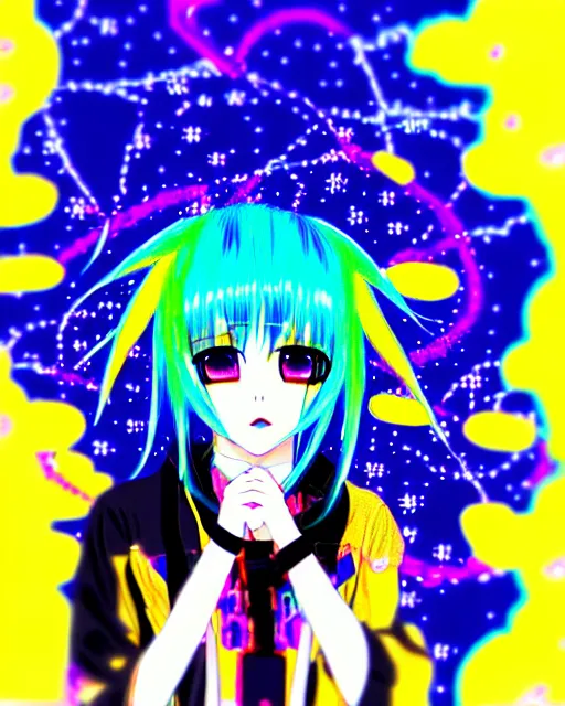 Image similar to neo tokyo japanese anime kawaii decora hologram of rimuru tempest, sky blue hair, golden yellow eyes, wearing black stylish clothing, holography, irridescent, baroque visual kei glitch art