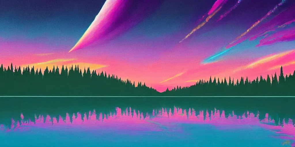 Image similar to beautiful award winning synthwave painting of a canadian lake, extreme detail, digital art, 4 k, ultra hd